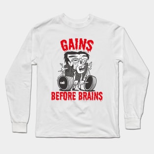 Gains Before Brains Funny Zombie Gym Saying Halloween Mens Long Sleeve T-Shirt